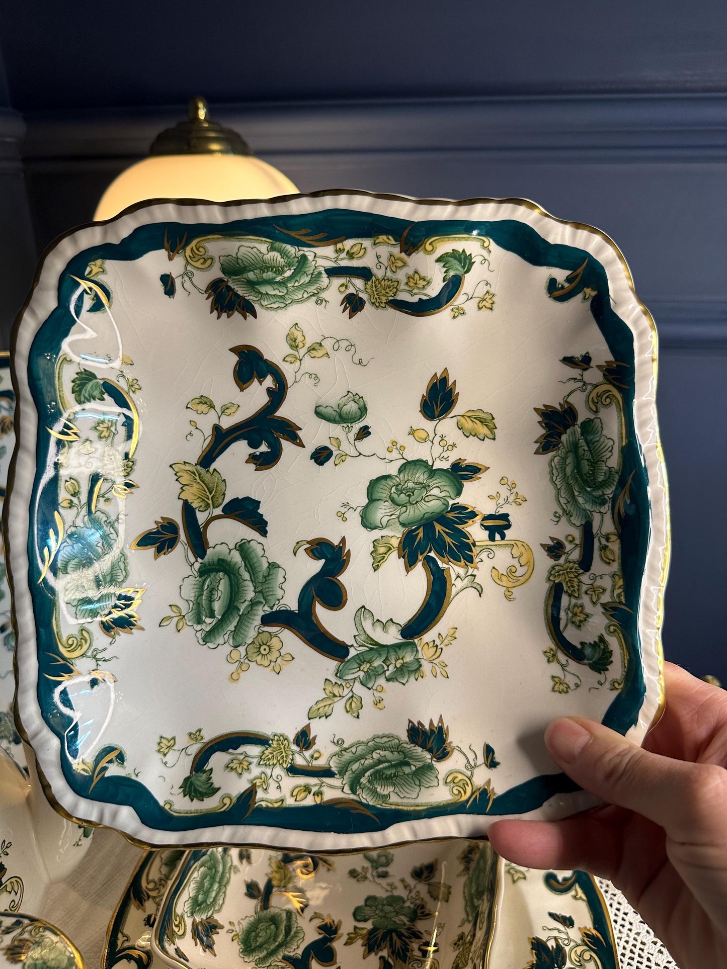 Vintage Mason’s Chartreuse Green Floral China • Plates, Teapot, Clock, Bowls, Jars • English Ironstone Dinnerware
