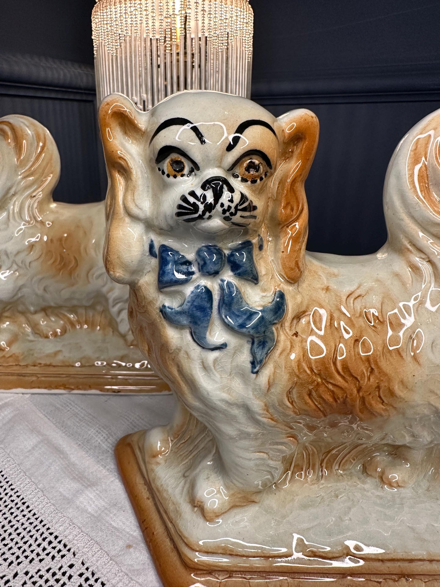 Antique Staffordshire Pekingese Dog Figurines Pair – RD 542671 Bo’ness Pottery Mantle Dogs – Vintage Ceramic Spaniels with Blue Bows