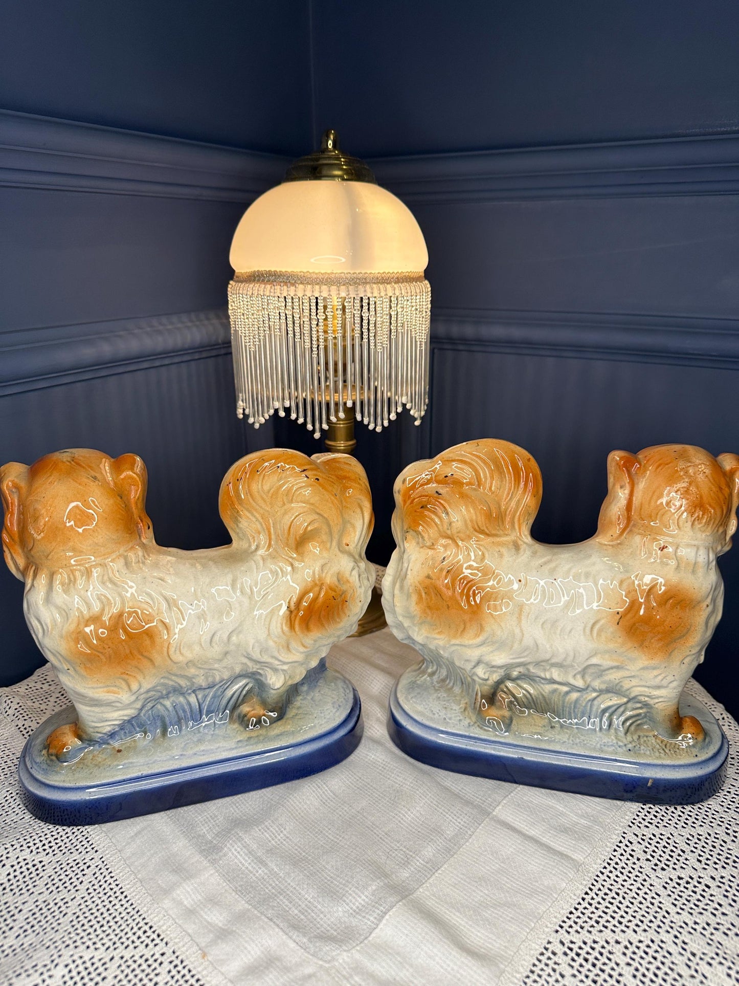 Antique Staffordshire Pekingese Dog Figurines Pair | Early 1900s Hand Painted Ceramic Spaniels | Blue Base Vintage Dogs | English Collectibl