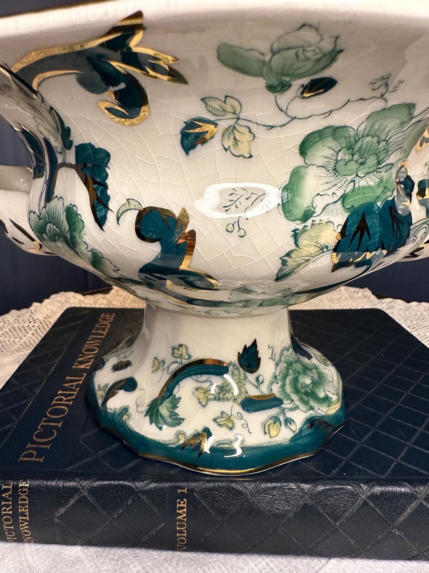 Masons Ironstone Pekin Bowl Vintage Serving Bowl English China Green Floral Chartreuse Centerpiece Dish