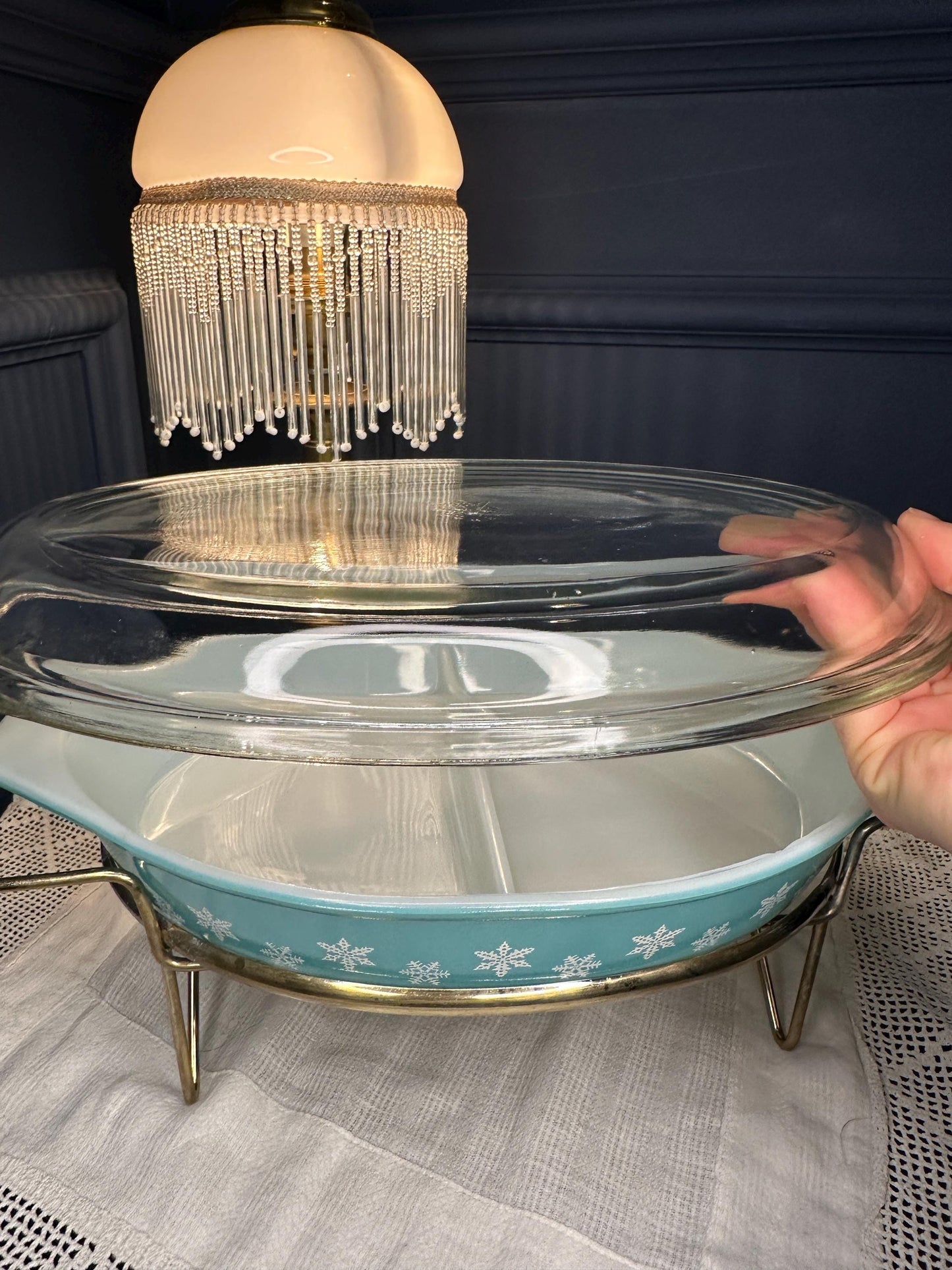 Vintage Pyrex Gaiety Divided Vegetable Dish w Stand & Lid | Turquoise Blue Snowflake Casserole | Mid Century Serving Dish