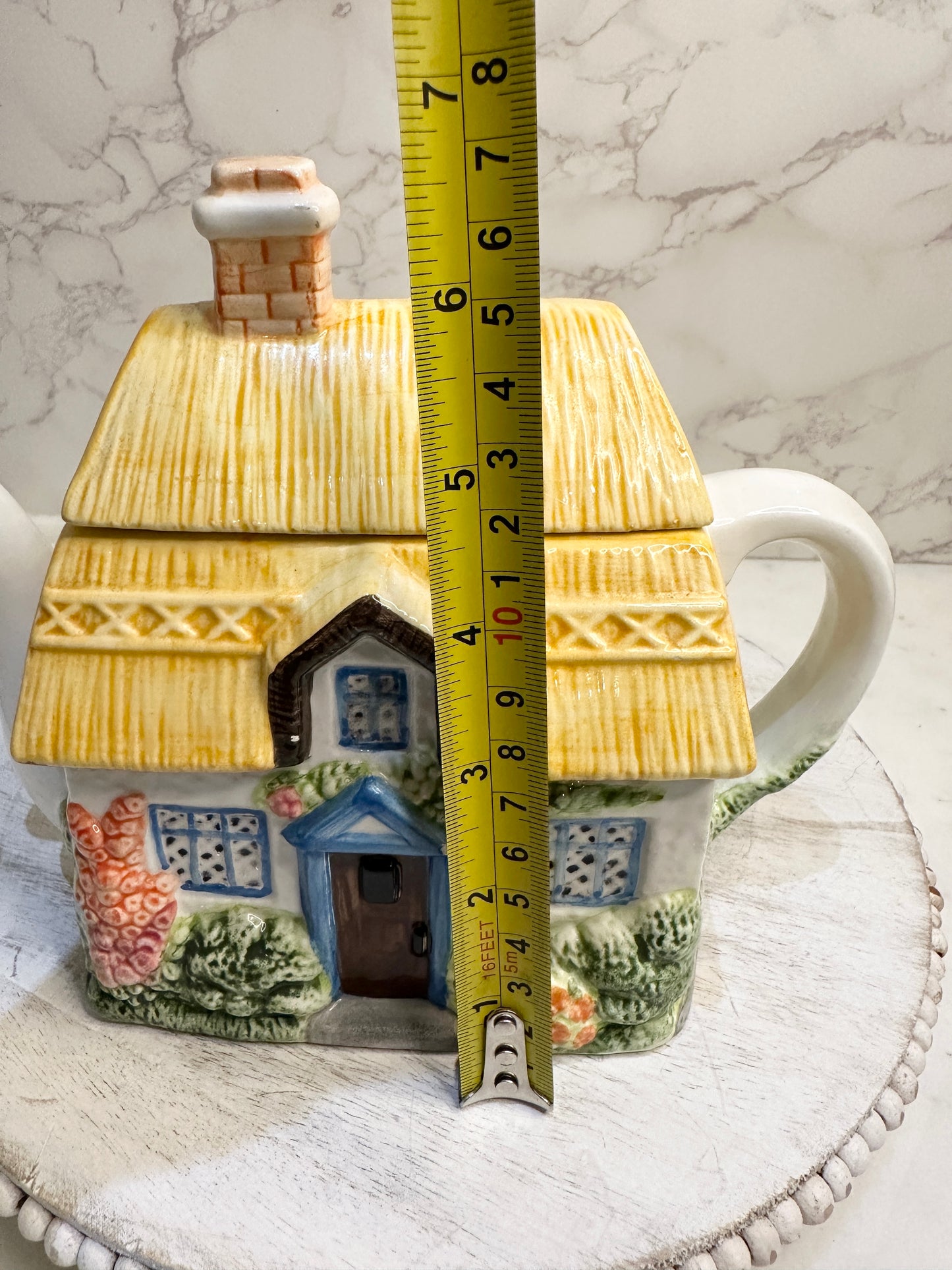 The Village “Summer Cottage” Teapot by Annie Rowe – Hand-Painted Ceramic Collectible