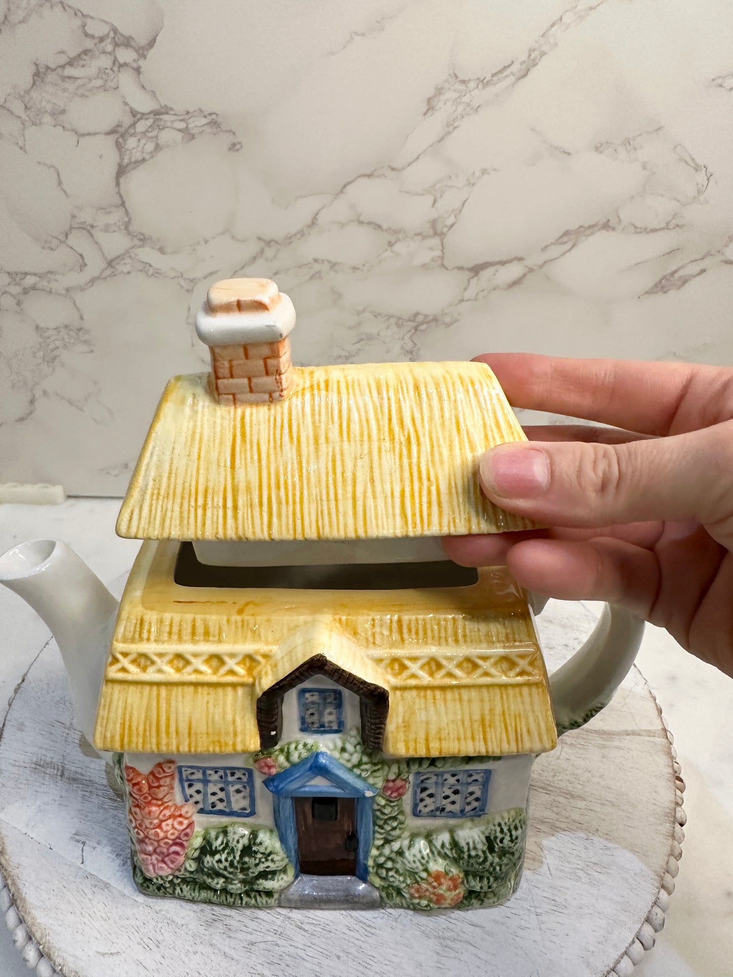 The Village “Summer Cottage” Teapot by Annie Rowe – Hand-Painted Ceramic Collectible