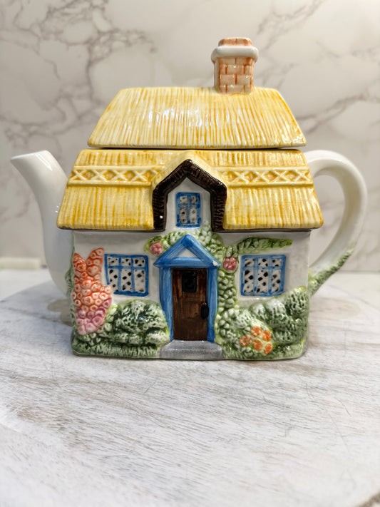 The Village “Summer Cottage” Teapot by Annie Rowe – Hand-Painted Ceramic Collectible