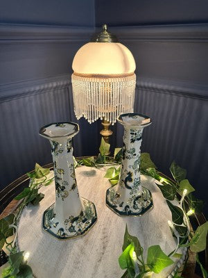 Masons GREEN CHARTRUSE Candlestick X 2 floral and foliage design