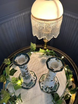Masons GREEN CHARTRUSE Candlestick X 2 floral and foliage design
