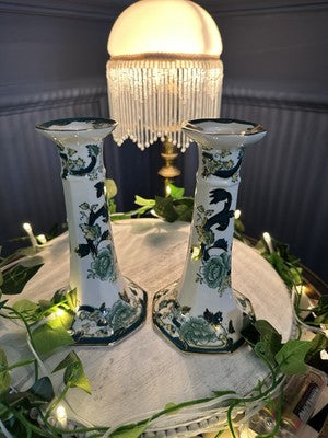 Masons GREEN CHARTRUSE Candlestick X 2 floral and foliage design