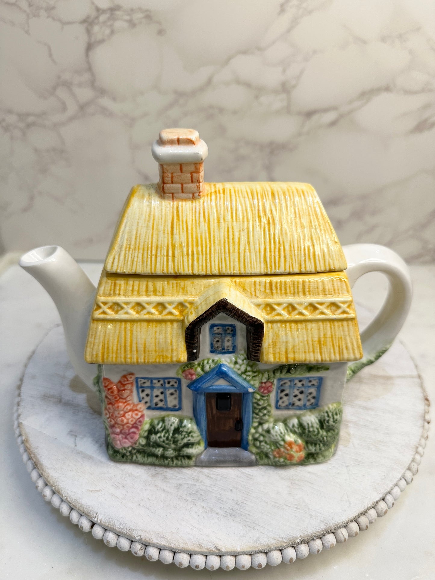 The Village “Summer Cottage” Teapot by Annie Rowe – Hand-Painted Ceramic Collectible