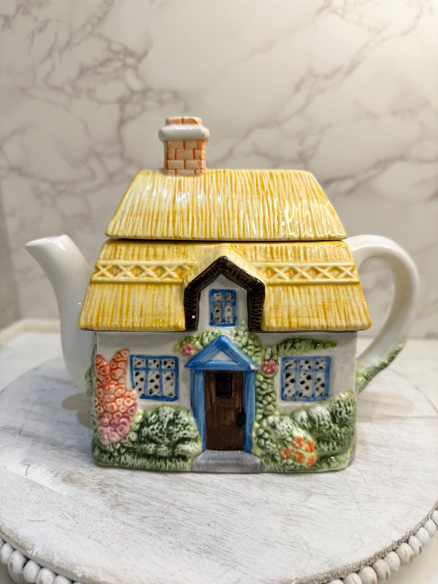 The Village “Summer Cottage” Teapot by Annie Rowe – Hand-Painted Ceramic Collectible