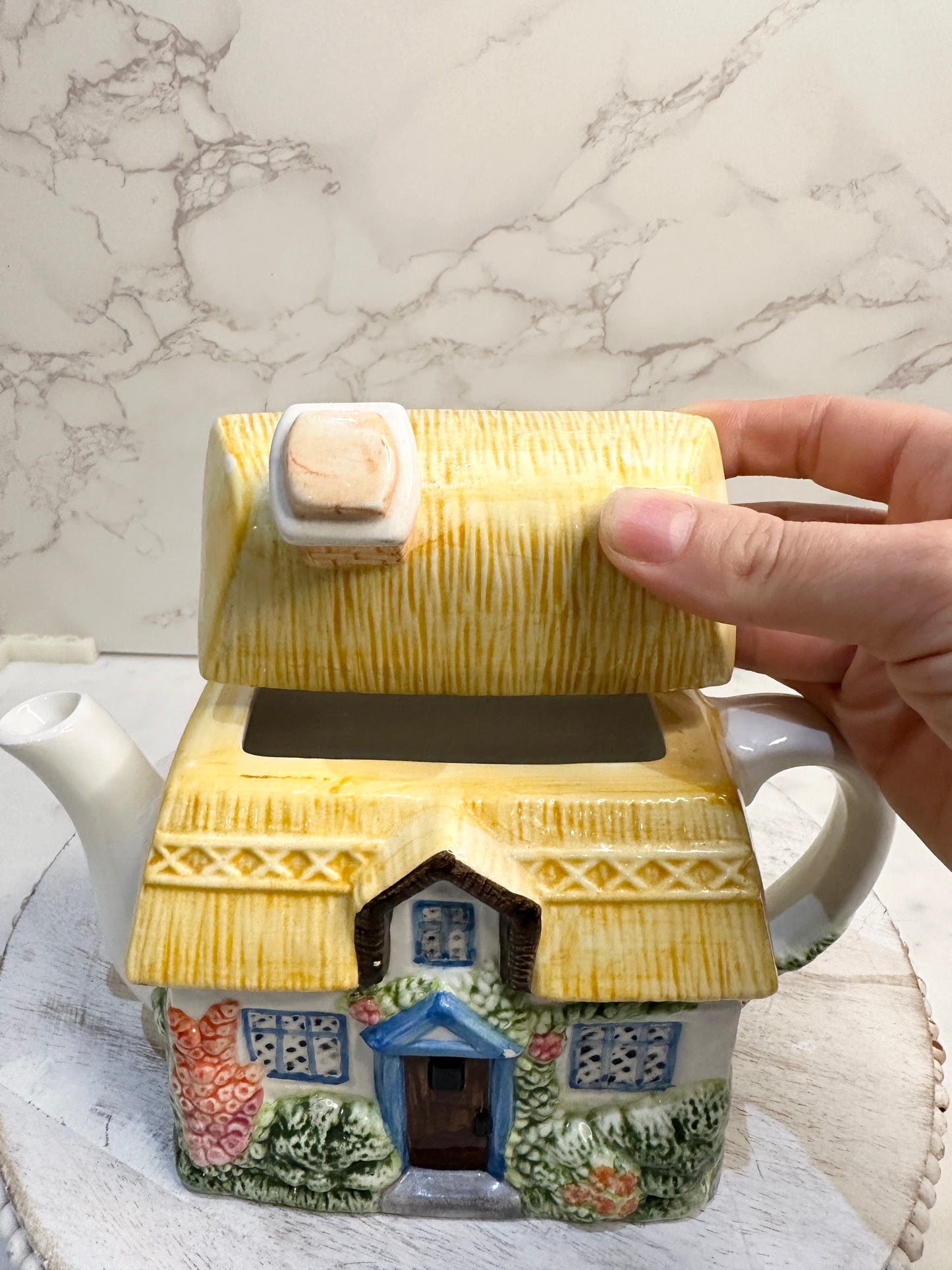 The Village “Summer Cottage” Teapot by Annie Rowe – Hand-Painted Ceramic Collectible