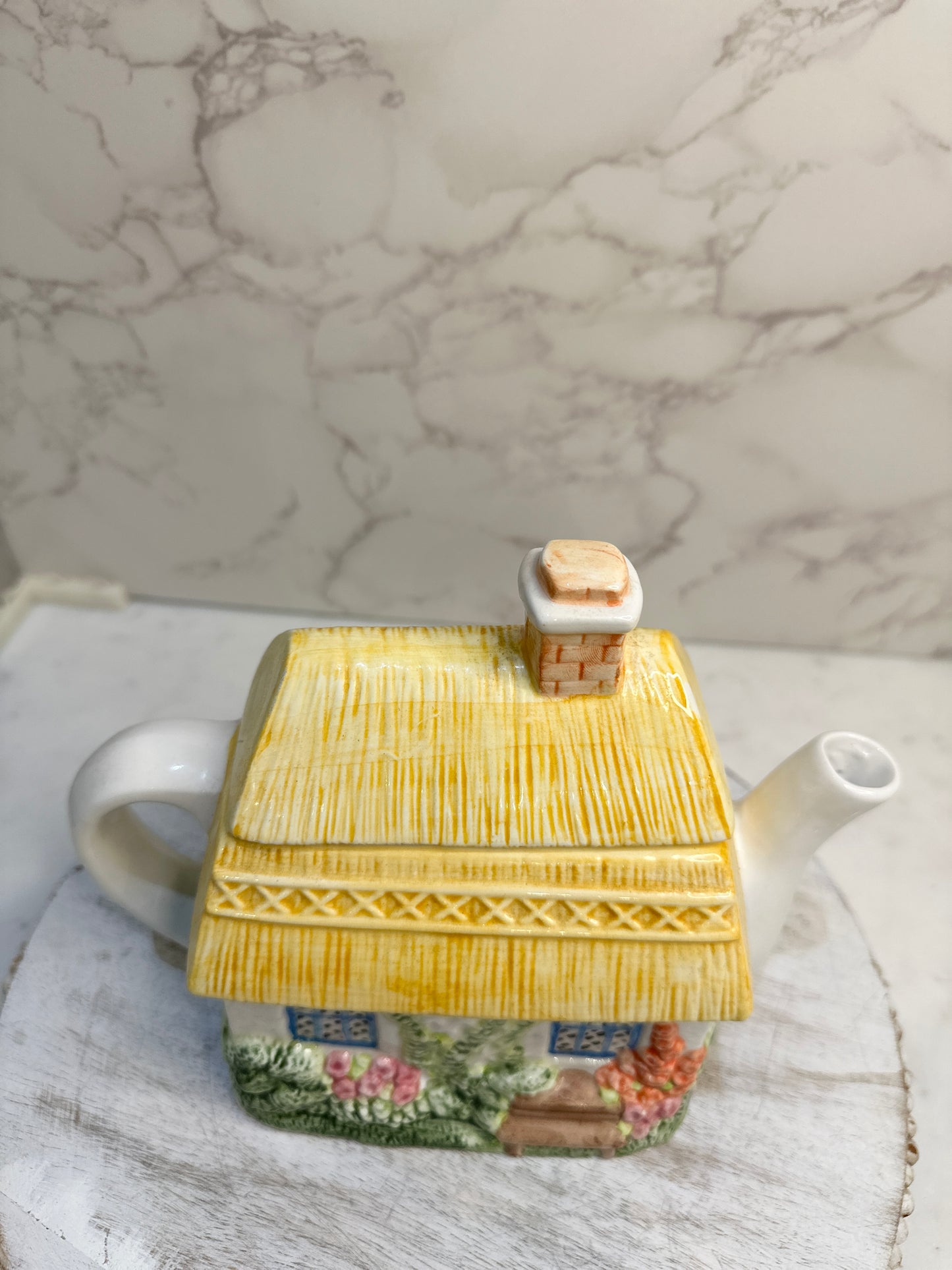 The Village “Summer Cottage” Teapot by Annie Rowe – Hand-Painted Ceramic Collectible