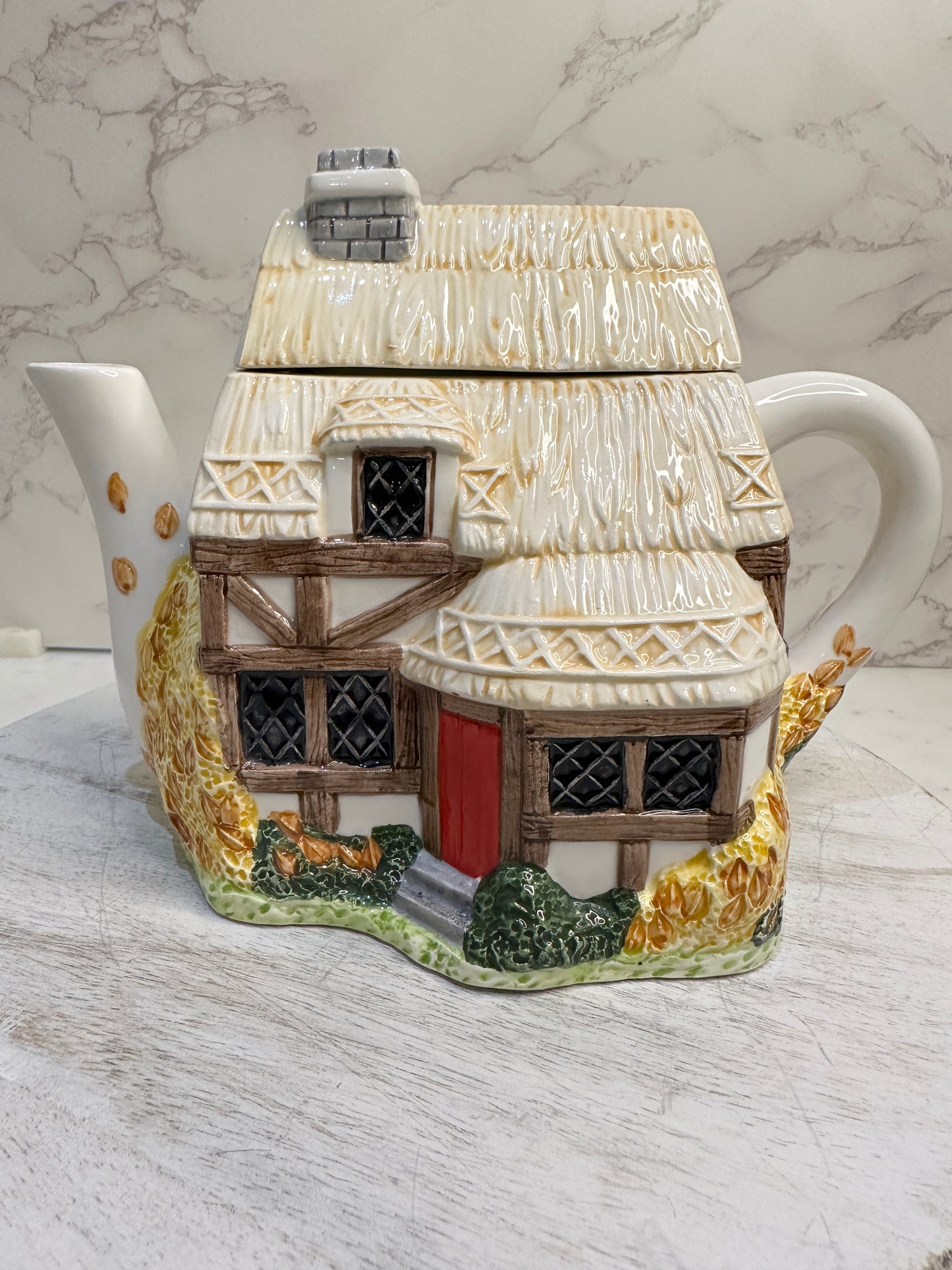 The Village “Autumn Cottage” Teapot by Annie Rowe – Handpainted Ceramic Collectible