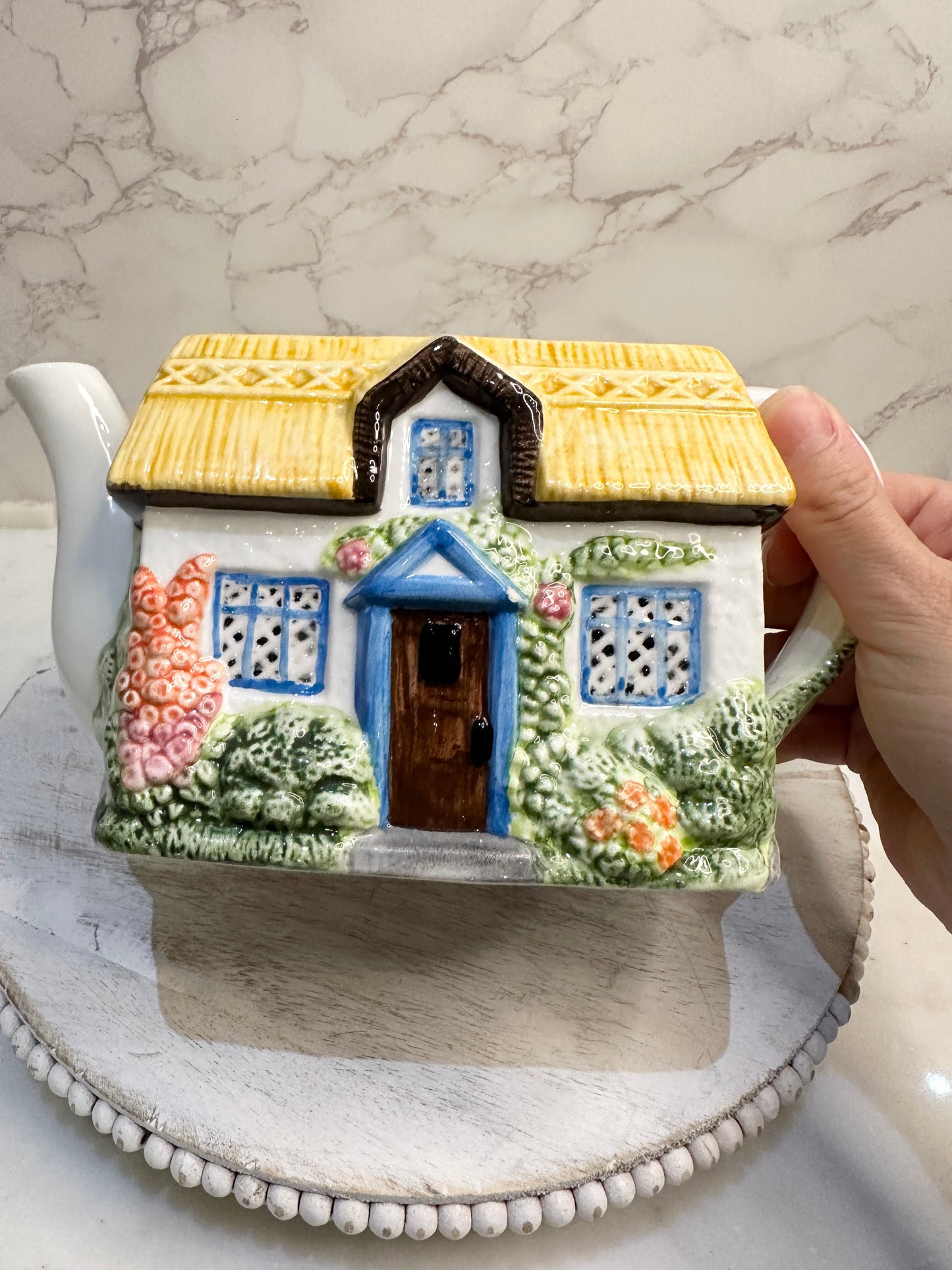 The Village “Summer Cottage” Teapot by Annie Rowe – Hand-Painted Ceramic Collectible