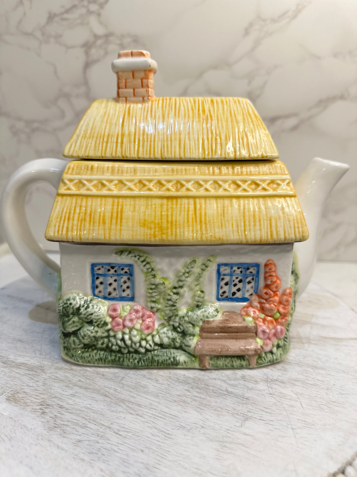 The Village “Summer Cottage” Teapot by Annie Rowe – Hand-Painted Ceramic Collectible