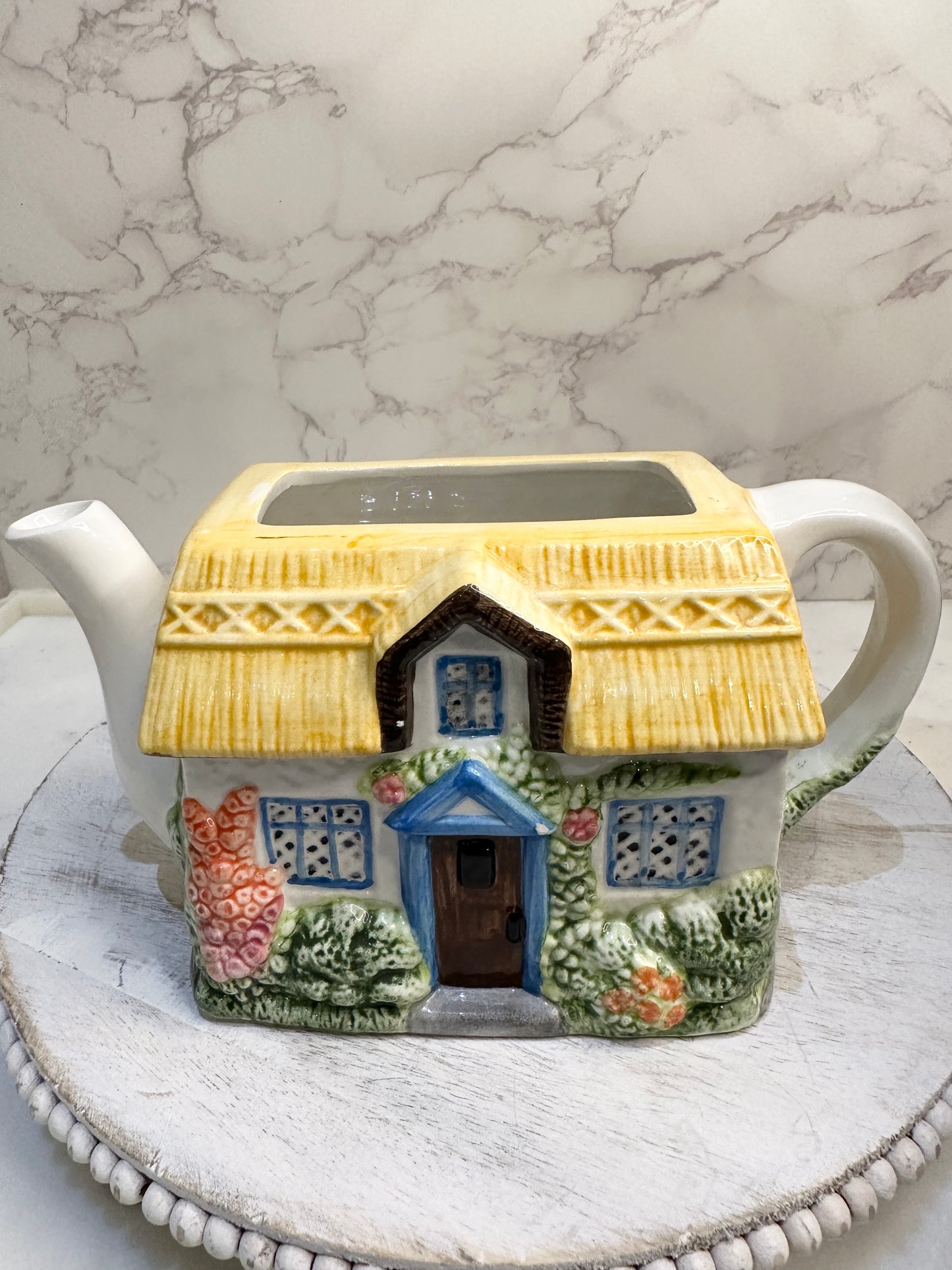The Village “Summer Cottage” Teapot by Annie Rowe – Hand-Painted Ceramic Collectible