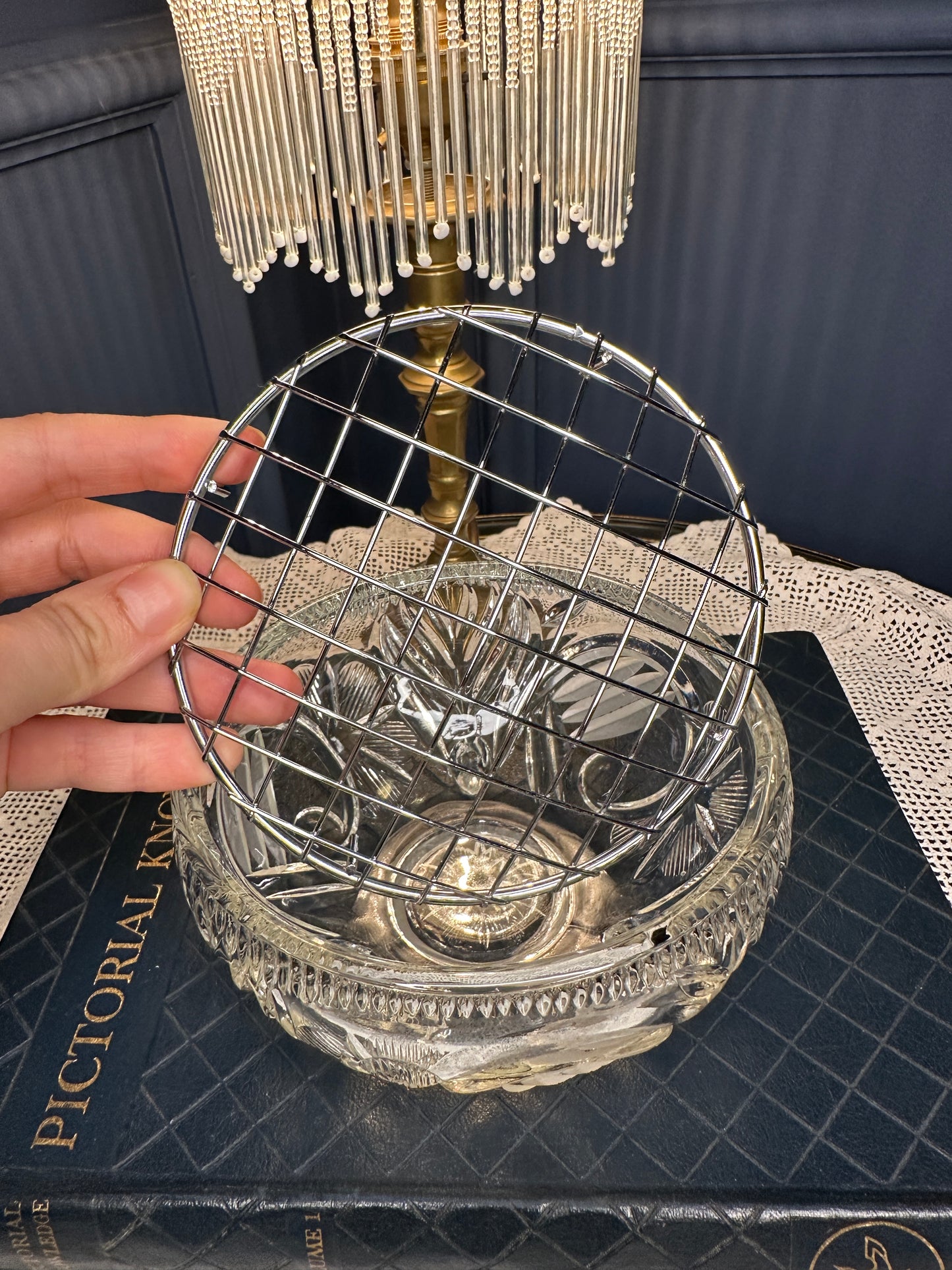 Vintage Cut Glass Rose Bowl with Metal Lattice Lid | Footed Crystal Flower Bowl