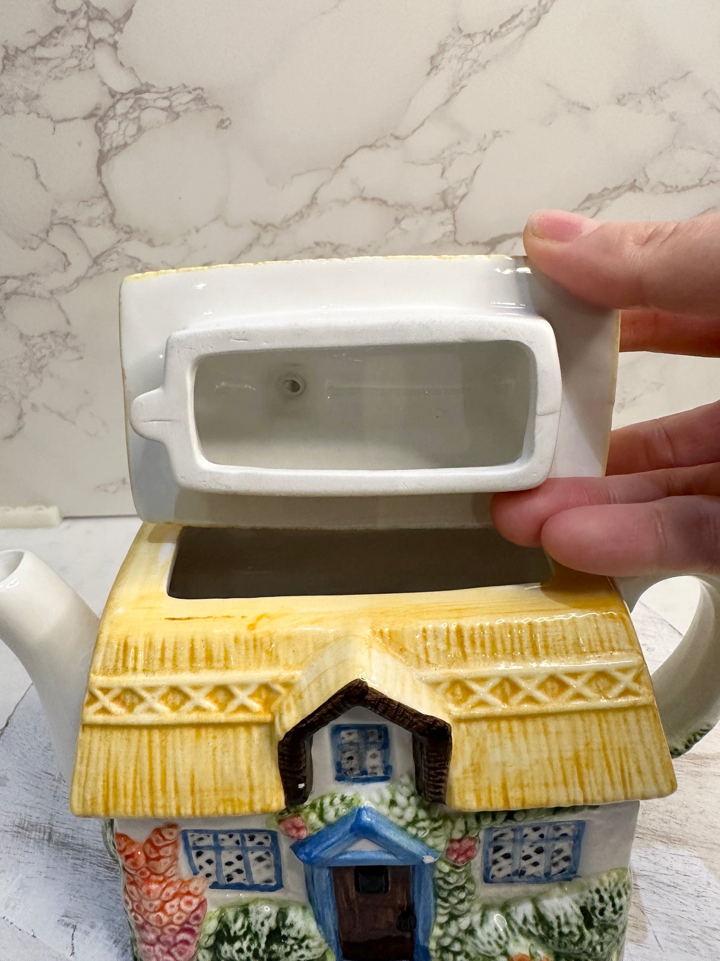 The Village “Summer Cottage” Teapot by Annie Rowe – Hand-Painted Ceramic Collectible