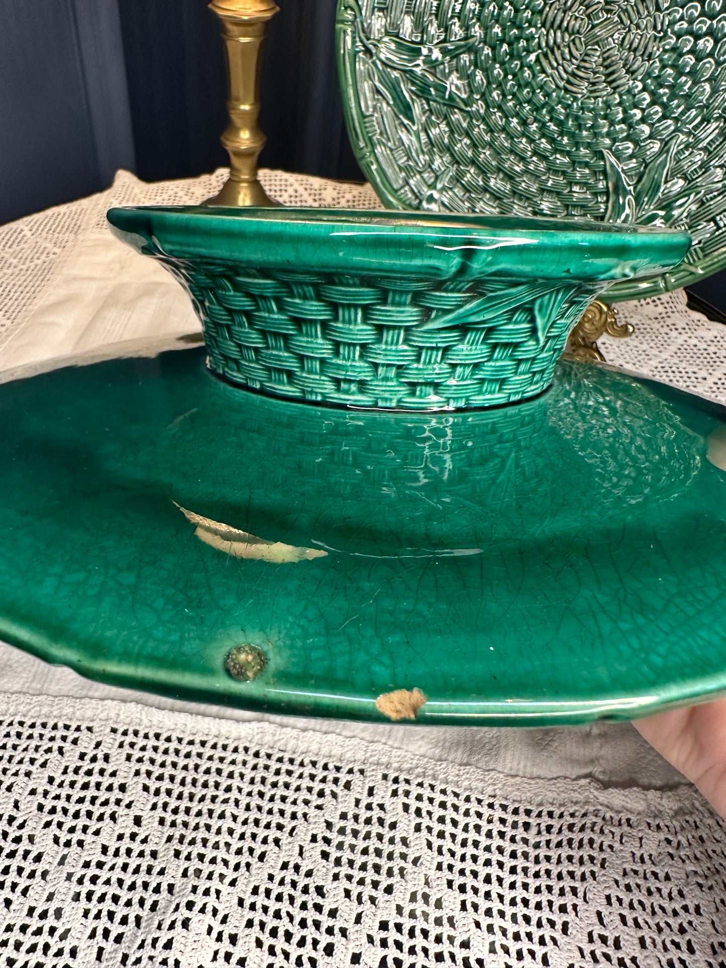 Vintage Emerald Green Majolica Basket Weave Plate & Pedestal Footed Plate – Botanical Leaf Relief Ceramic Serveware