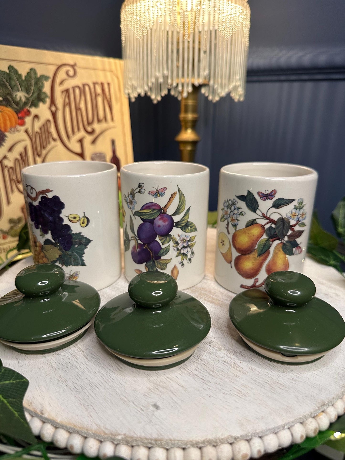 Vintage Melba Staffordshire Preserve Jars – Set of 3 Fruit Motif Ceramic Kitchen Canisters with Lids – English Pottery Storage, 1970s Retro