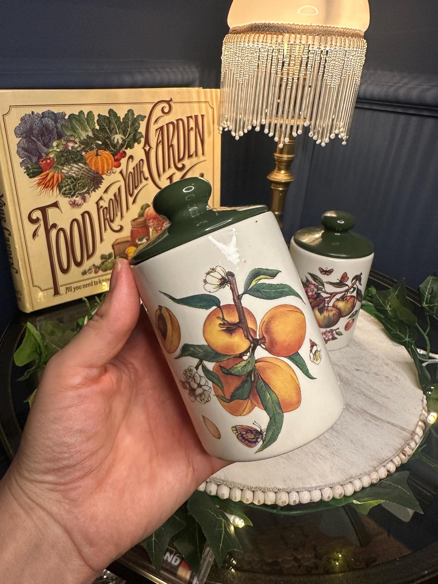 Vintage Melba Staffordshire Preserve Jars – Set of 3 Fruit Motif Ceramic Kitchen Canisters with Lids – English Pottery Storage, 1970s Retro