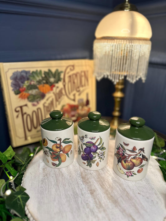 Vintage Melba Staffordshire Preserve Jars – Set of 3 Fruit Motif Ceramic Kitchen Canisters with Lids – English Pottery Storage, 1970s Retro