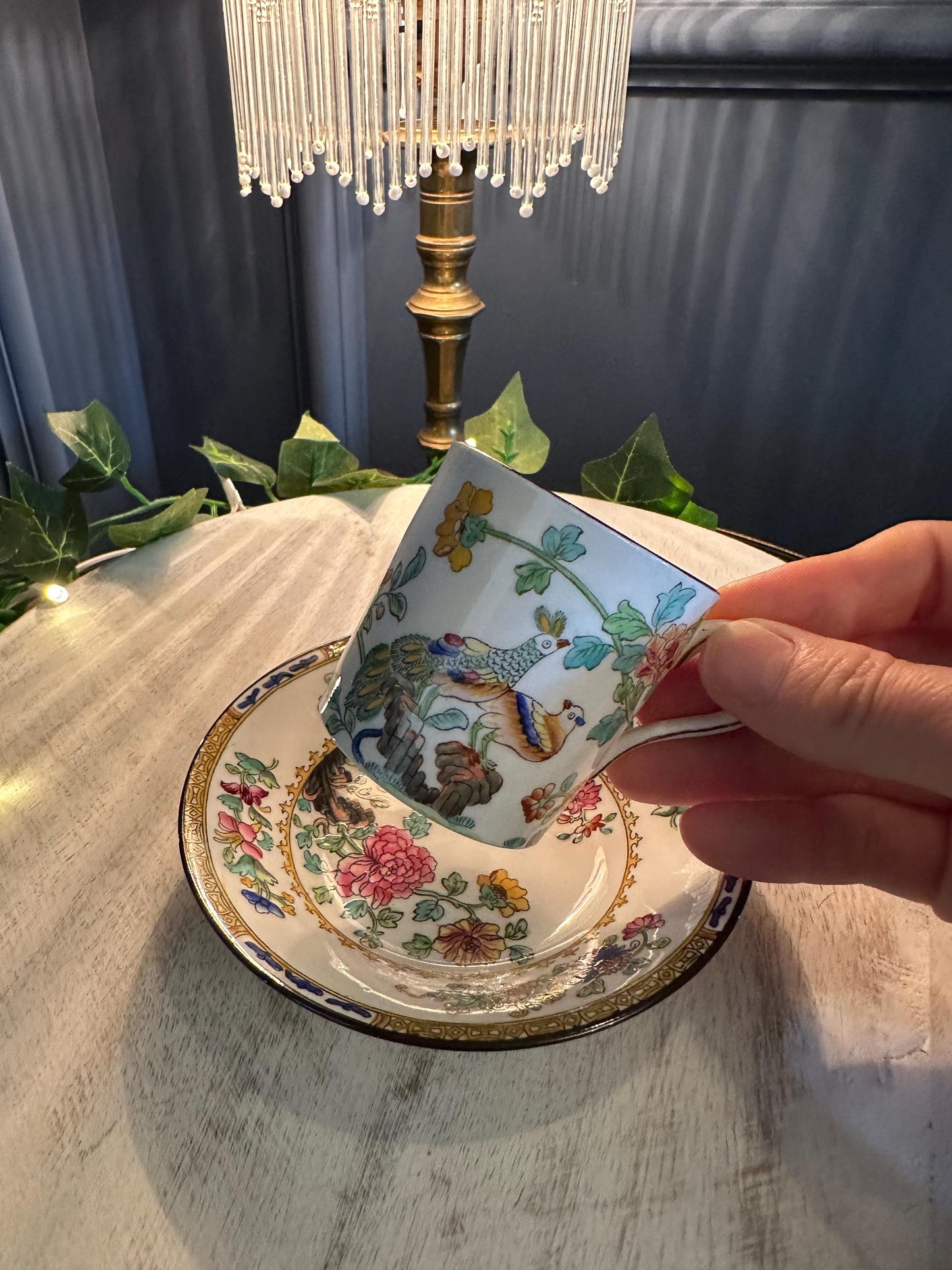 Spode Copeland’s China Cup & Saucer | Antique English Porcelain | Hand-Painted Bird and Floral Pattern | Collectible Teacup
