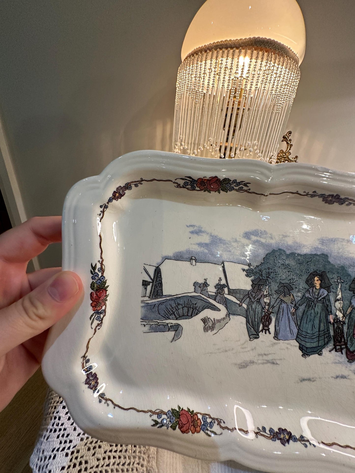 Vintage Obernai Sarreguemines Faïenceries France Platter – French Country Scene, Rectangular Ceramic Serving Tray, Rustic Farmhouse Kitchen