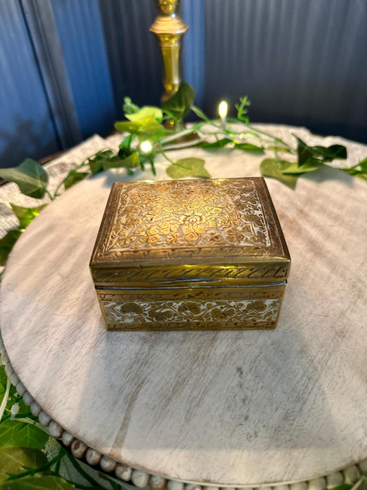 Vintage Brass Jewelry Trinket Box | Hand-Etched Floral Metal Box | Ornate Decorative Storage | Boho Home Décor Gift | 4.5” x 4.5” x 2.5”