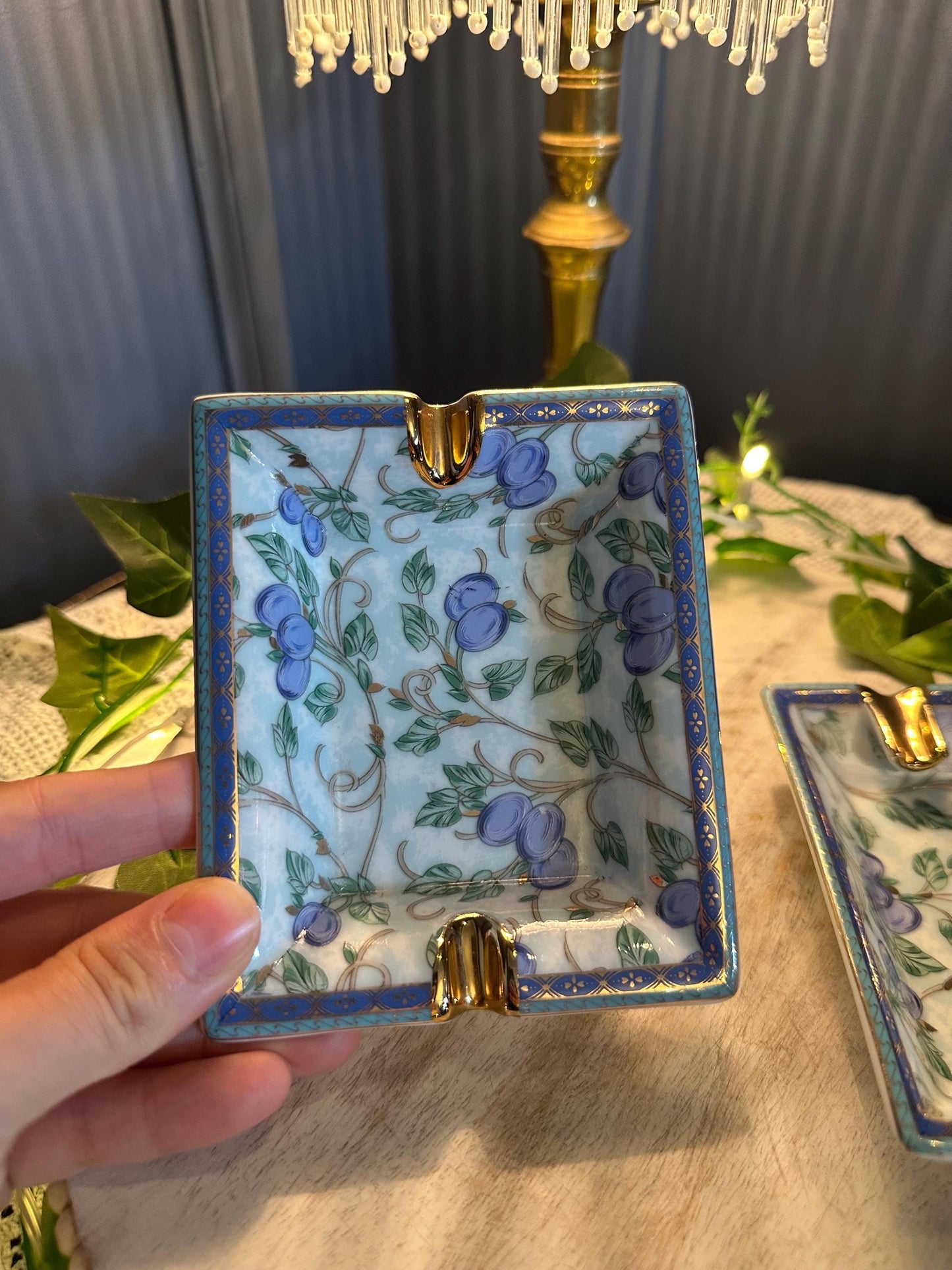 Limoges Design Porcelain Ashtrays – Hand-Painted Blue Floral Pattern with Gold Trim (Set of 2)
