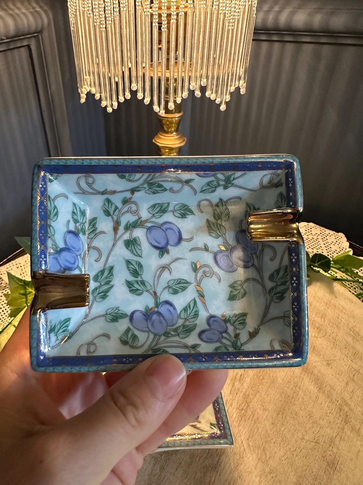 Limoges Design Porcelain Ashtrays – Hand-Painted Blue Floral Pattern with Gold Trim (Set of 2)
