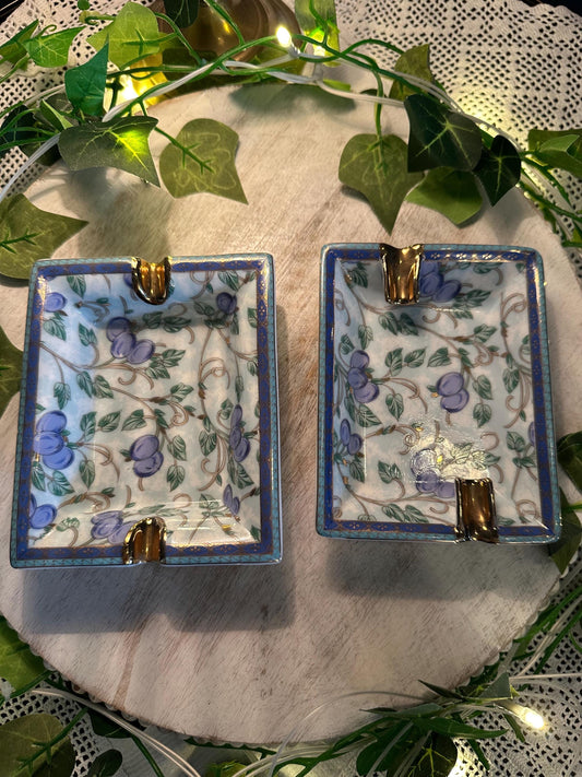 Limoges Design Porcelain Ashtrays – Hand-Painted Blue Floral Pattern with Gold Trim (Set of 2)