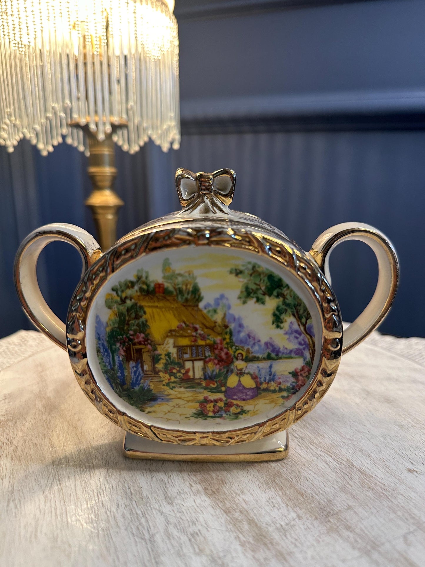 Vintage Sadler England Sugar Bowl with Lid – Cottage Scene Fine Bone China – Gold Gilded Porcelain – English Tea Set – Double Handle