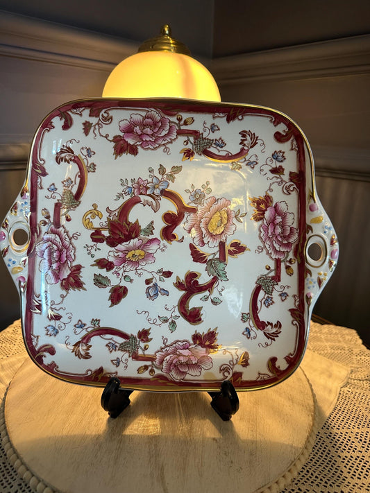 Vintage Mason’s Ironstone “Mandalay Red” Plate – English Floral Serving Dish, Red Chintz Square Platter, Cottagecore Kitchen Décor, Gilded E