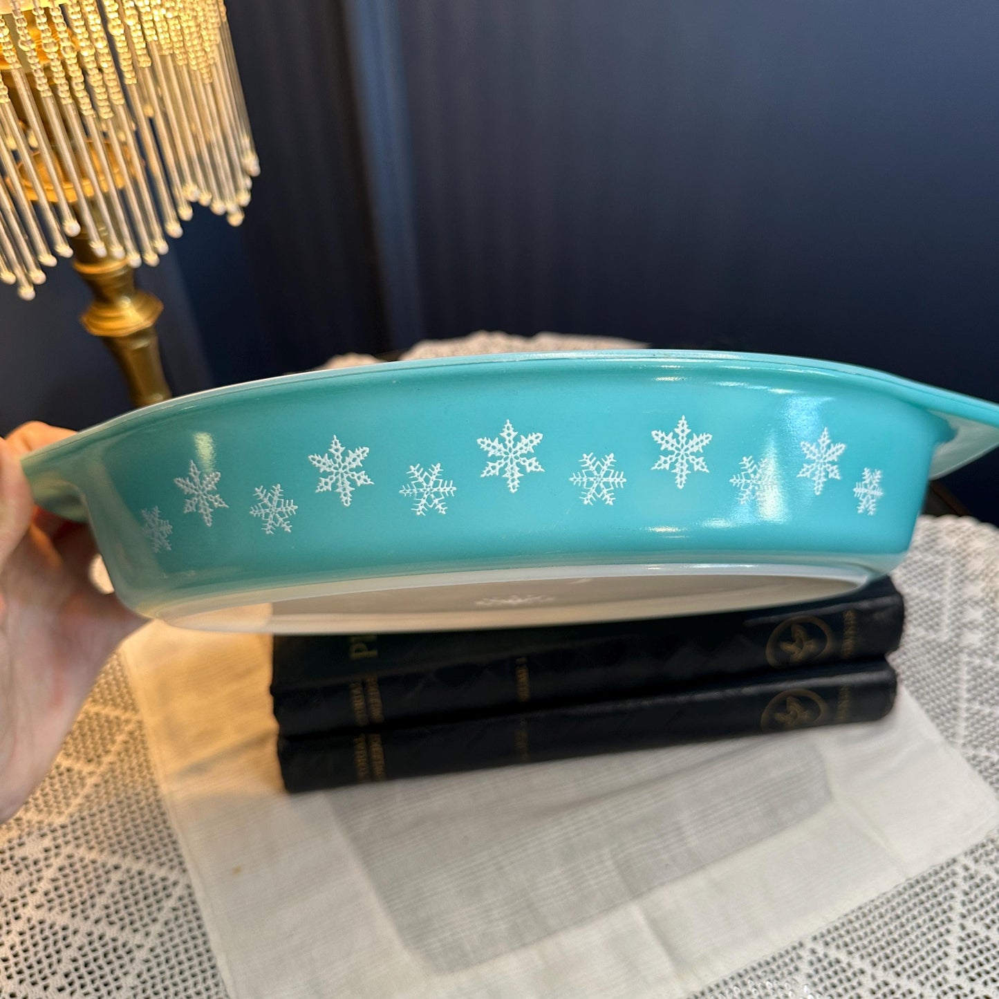 Vintage JAJ Pyrex Snowflake Turquoise Casserole Dish – 1950s British Pyrex – Rare Oval Ovenware