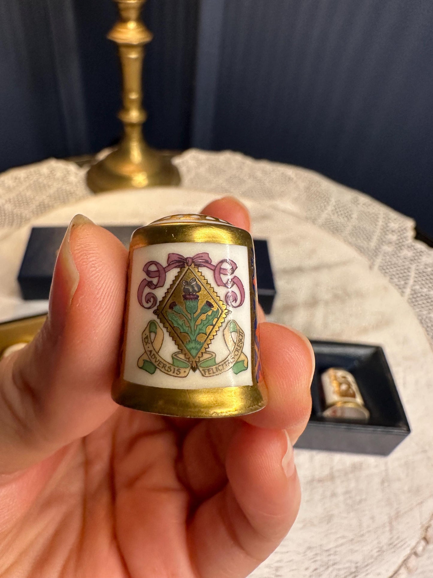 Royal Crown Derby Limited Edition Thimble Set with 22ct Gold Detailing – Porcelain Heraldic Collectible Fine Bone China