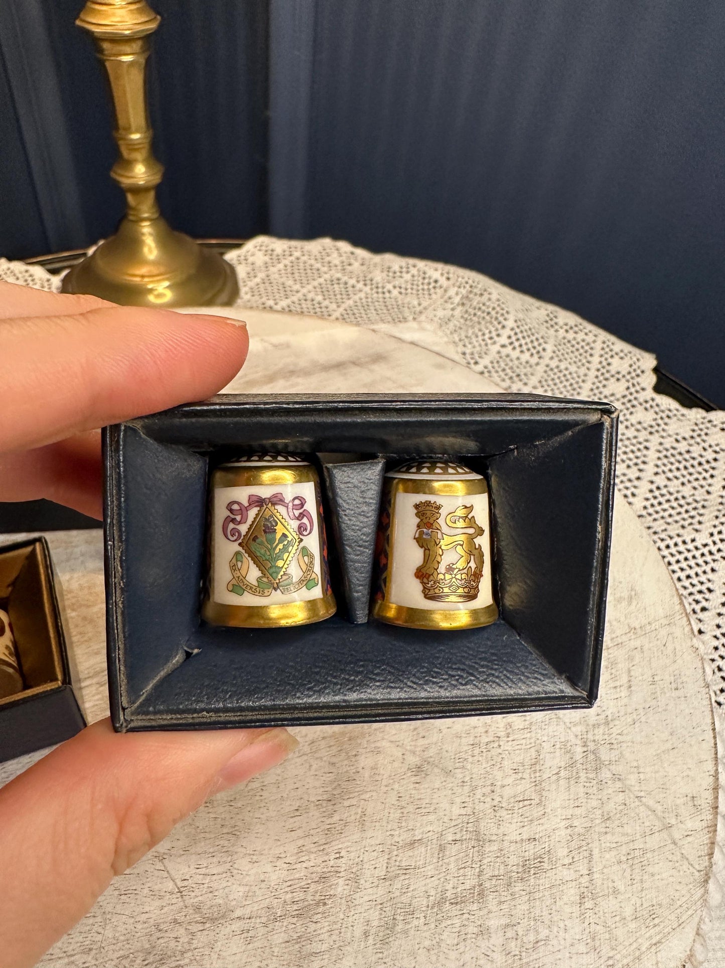 Royal Crown Derby Limited Edition Thimble Set with 22ct Gold Detailing – Porcelain Heraldic Collectible Fine Bone China