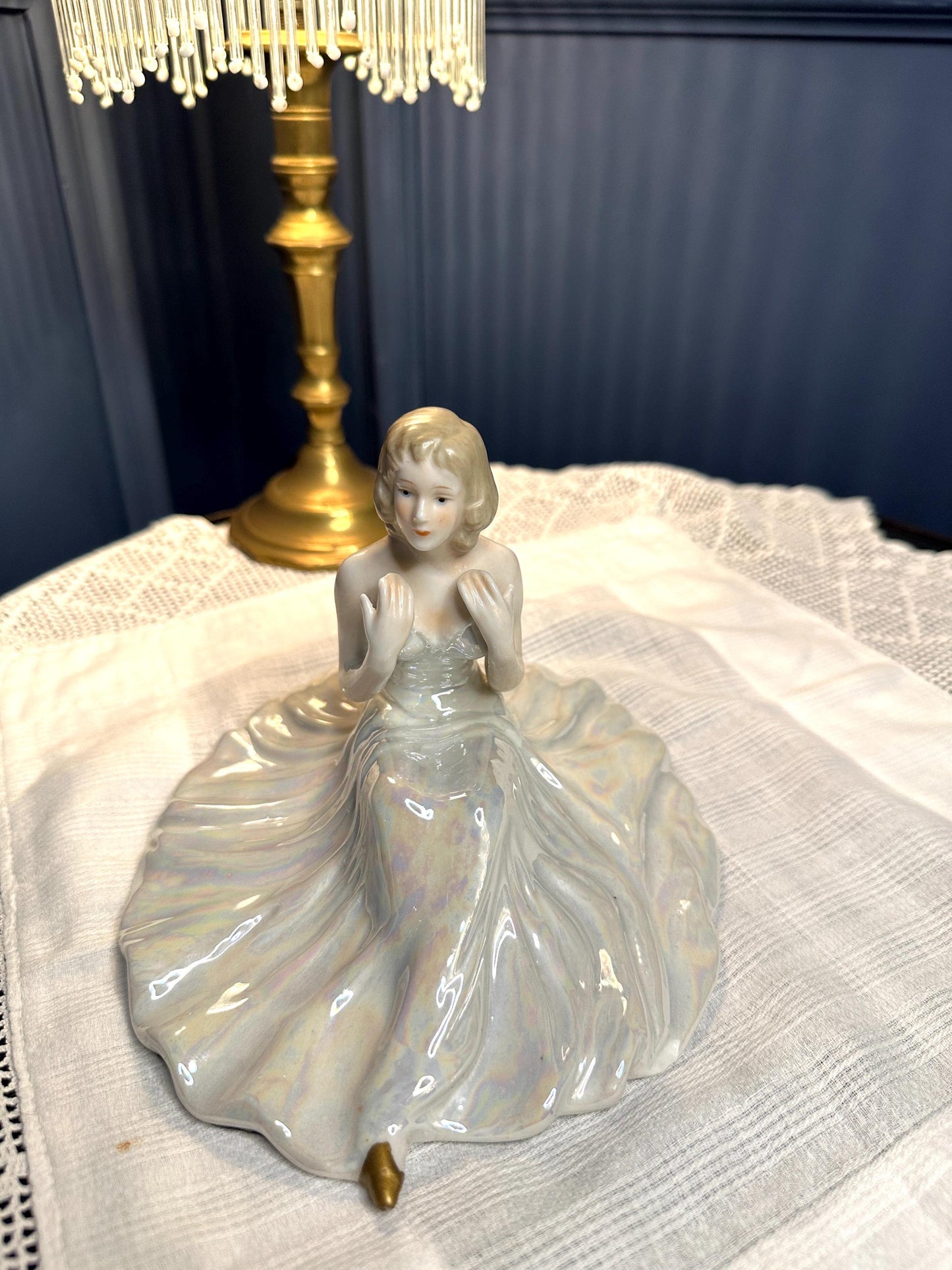 Vintage Royal Dux Bohemia Art Deco Sitting Lady Figurine Full Skirt Czech