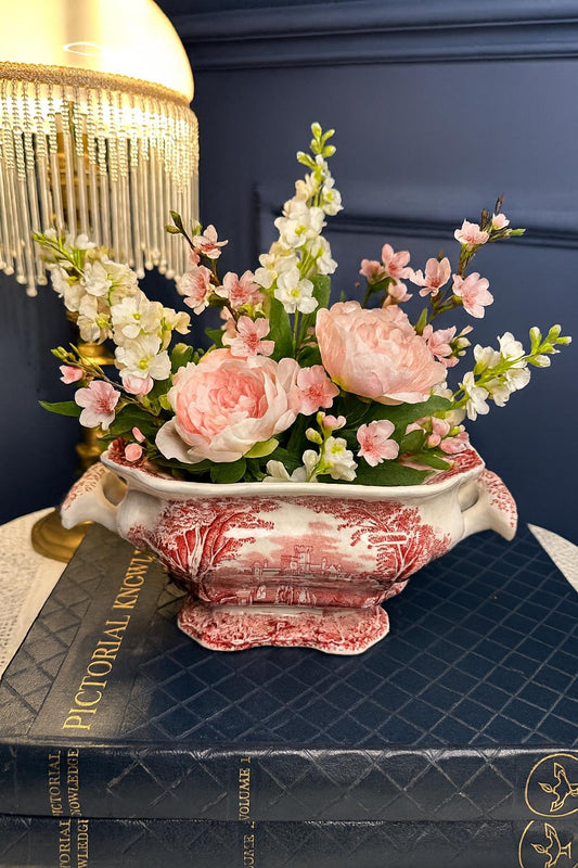 Antique Mason’s Vista Red Transferware Flower Frog Bowl, English Ironstone Vase, Vintage Toile Planter, Cottage Decor