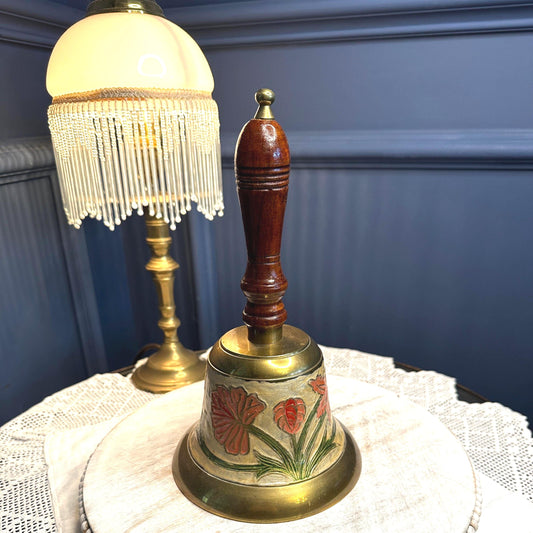 Vintage Brass Hand Bell with Wood Handle – Art Nouveau Floral Cloisonné Style – Decorative Brass Bell – Call Bell – Cottage Decor