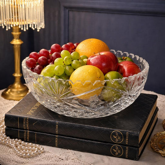 Vintage Cut Crystal Bowl | Scalloped Glass Fruit Bowl Starburst Base | Etched Grape Design | Elegant Crystal Centerpiece | Wedding  Decor
