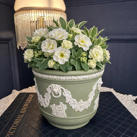 Vintage Wedgwood Small Jasperware Planter Sage Green Cache Pot English Ceramic Plant Pot Neoclassical Relief Decor