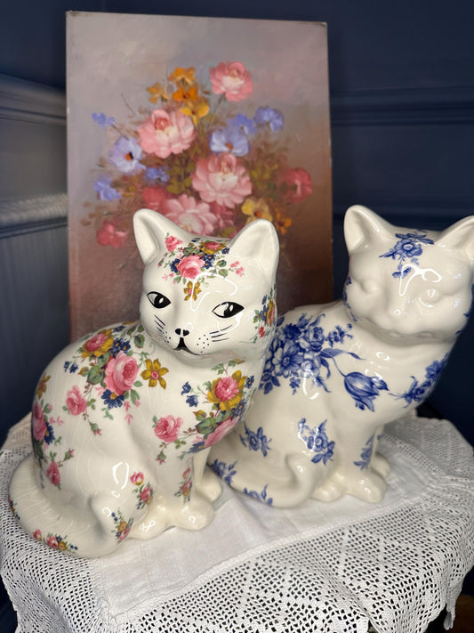 Vintage Ceramic Cat Figurine | Floral Cat Ornament | Cottagecore Cat Decor | Blue White Cat Statue | Shabby Chic Gift