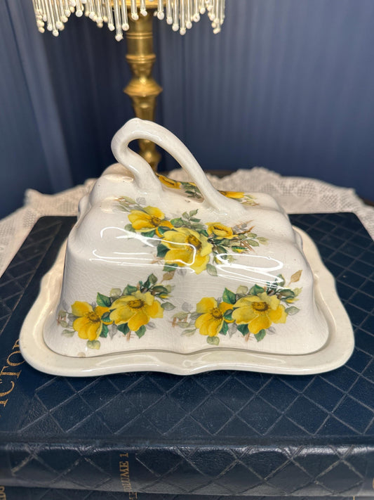 Vintage Yellow Rose Butter Dish with Lid | Ceramic Floral Butter Keeper | Cottagecore Kitchen Decor | Shabby Chic Serving Dish