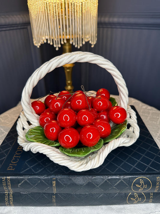 Vintage Italian Ceramic Cherry Basket | Made in Italy Majolica Fruit Bowl | Trompe L’oeil Cherries | Cottagecore Kitchen Decor
