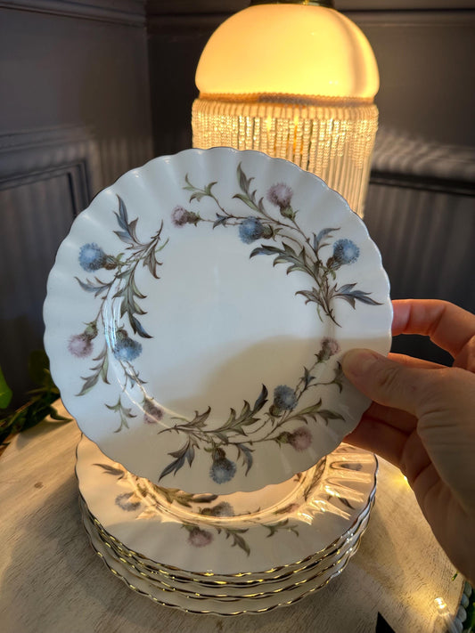 Royal Albert Brigadoon Side Plates Set of 7 – Vintage Fine Bone China England – Blue Thistle Floral Dessert Plates – Cottagecore Tableware