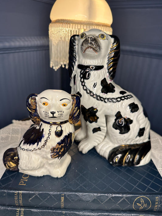 Vintage Staffordshire Style Spaniel Figurines, Dark Brown & White Ceramic Dog Pair, Iridescent Glaze Victorian Mantel Decor