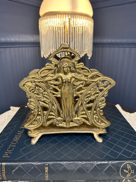 Antique Art Nouveau Brass Letter Holder, Lady Figure Desk Organizer, Vintage Mail Holder, Victorian Style Napkin Holder, Office Decor