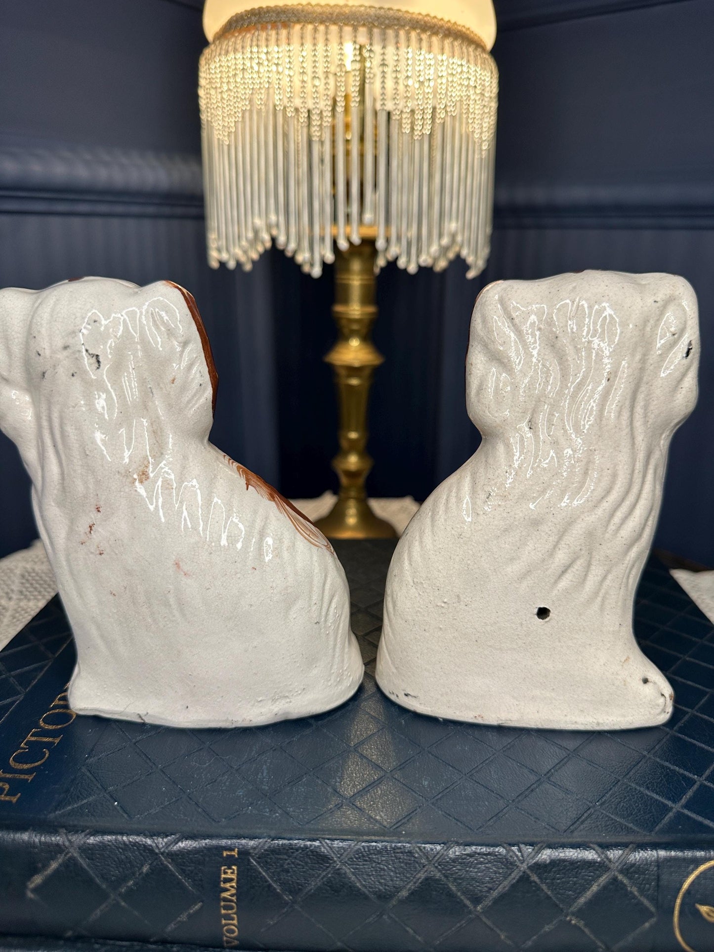 Antique Staffordshire Spaniel Dogs Pair – Victorian Flatback Pottery Mantel Ornaments – Small Ceramic King Charles Style Dogs