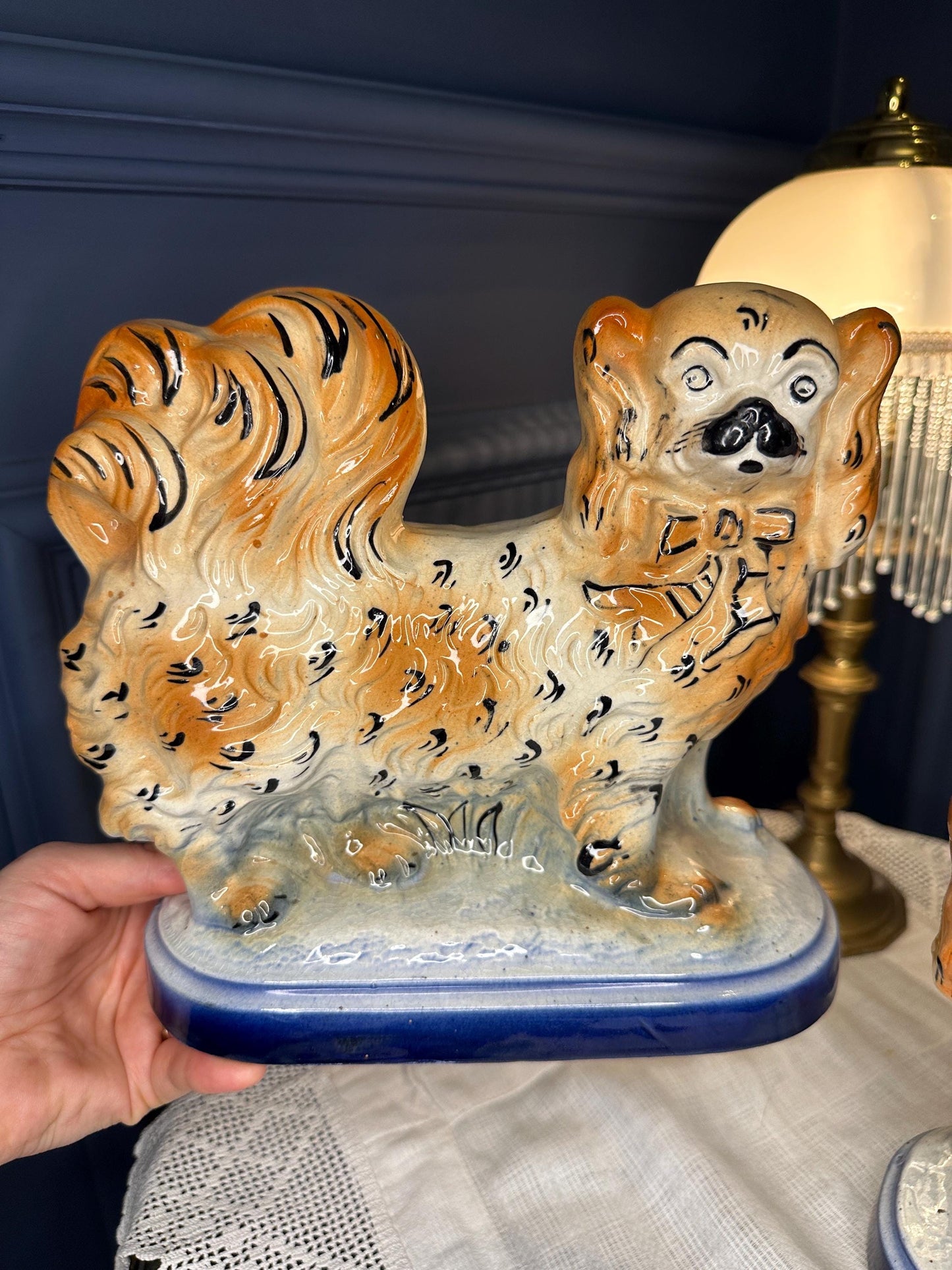 Antique Staffordshire Pekingese Dog Figurines Pair | Early 1900s Hand Painted Ceramic Spaniels | Blue Base Vintage Dogs | English Collectibl