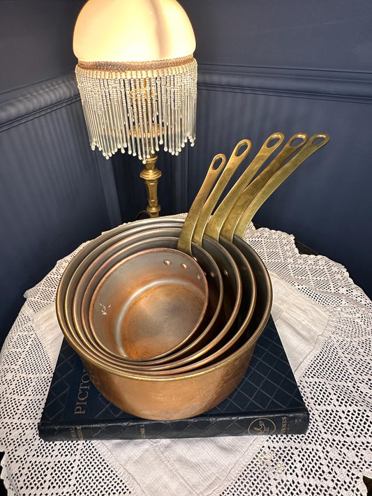 Vintage French Copper Saucepan Set with Brass Handles | 5-Piece Copper Cookware | Rustic Kitchen Decor | Chef Gift